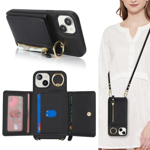 iPhone 14 / iPhone 13 Necklace Leder Hülle mit Münzfach und Kartenfächer   Finger Griff Halterung   Handykette - Schwarz