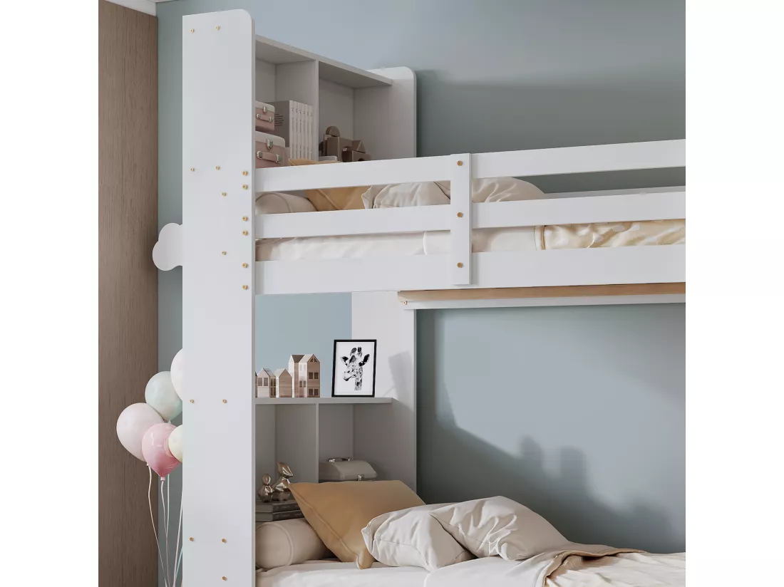 Lit superposé avec tête de lit rangement - 2 x 90 x 200 cm - bois massif - coloris blanc