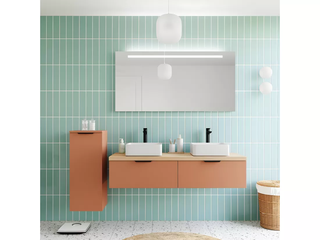 Meuble de salle de bain suspendu 2 vasques à poser 140cm 2 tiroirs Terracotta - Soho