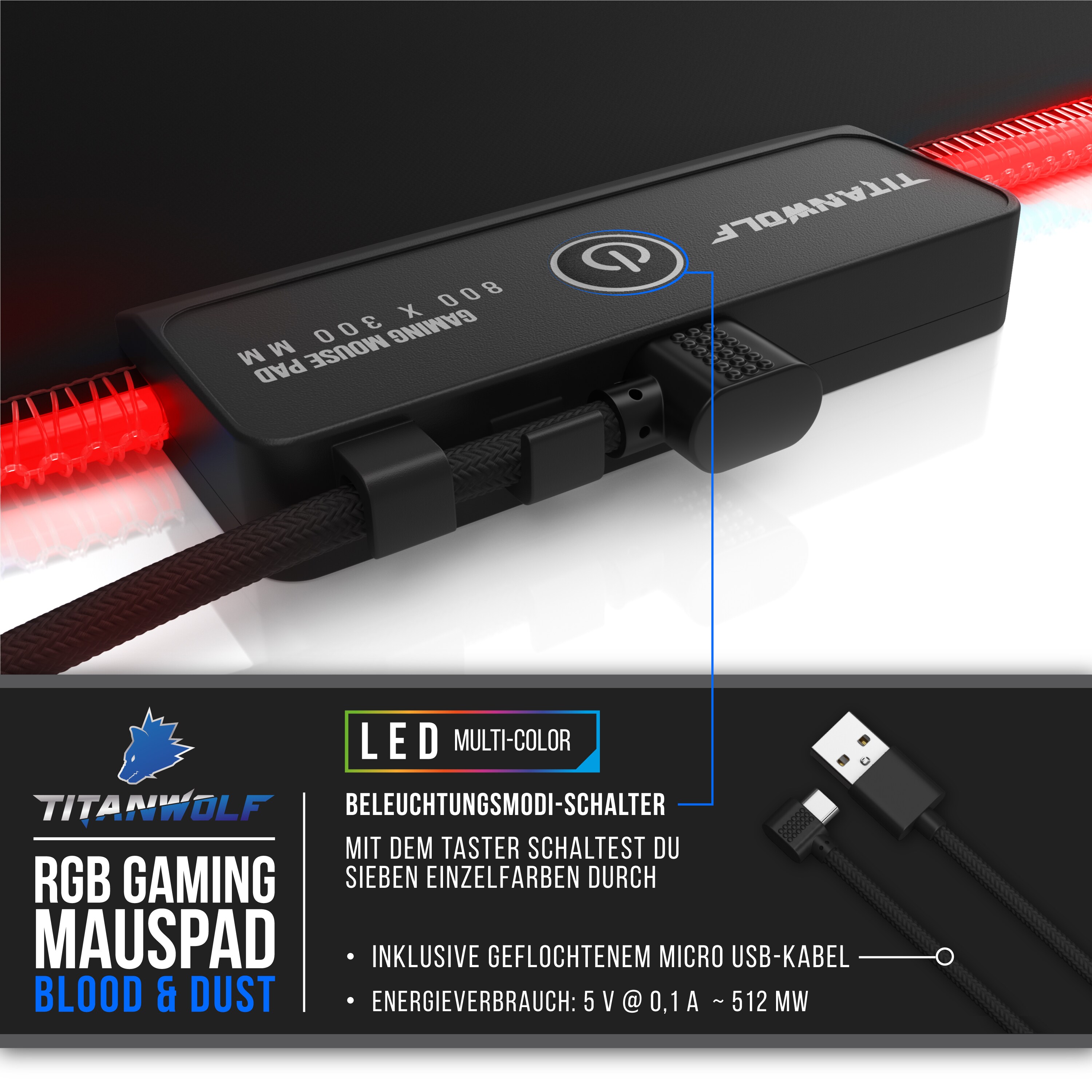 Titanwolf RGB Gaming Mauspad, Mousepad XL 800 x 300mm verbessert Präzision & Geschwindigkeit, Blood
