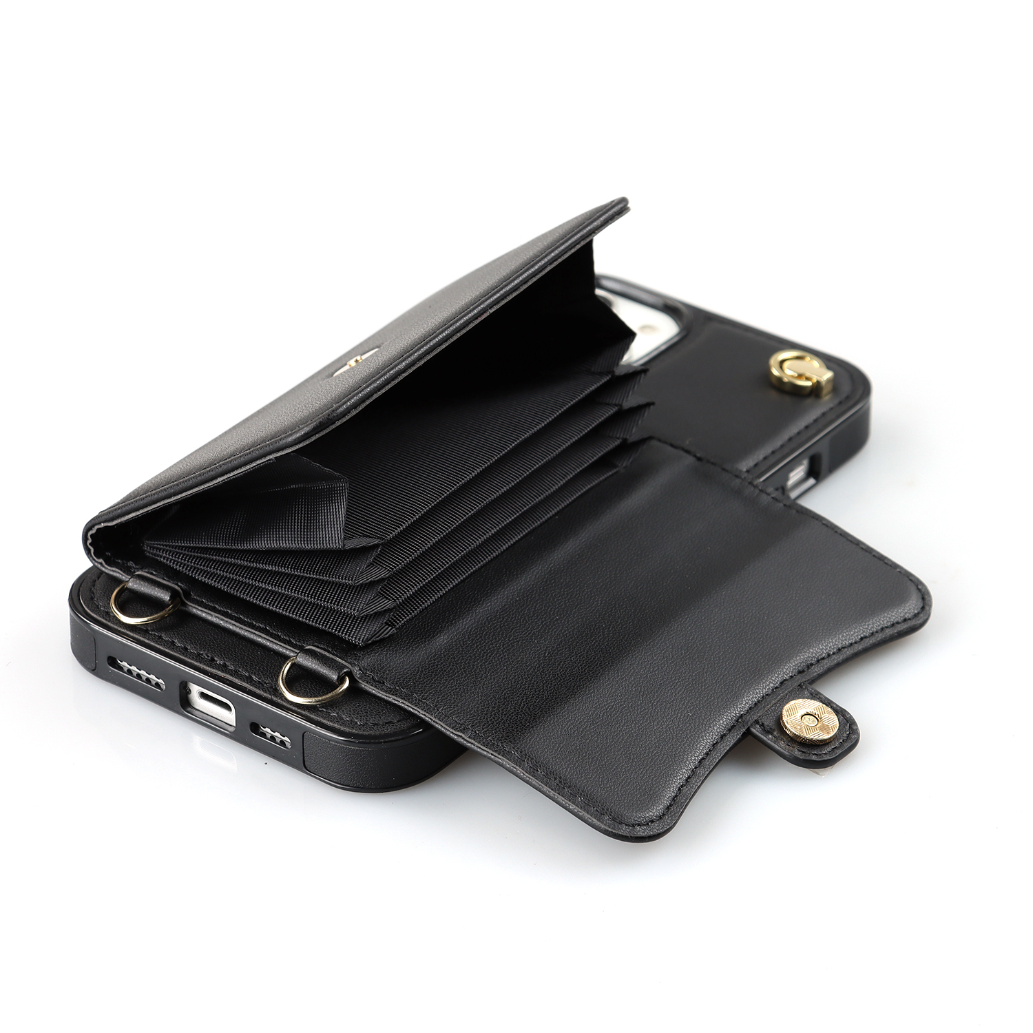 iPhone 14 / iPhone 13 Necklace Leder Schutz Hülle mit Kartenfach   Handykette (140cm) - Schwarz