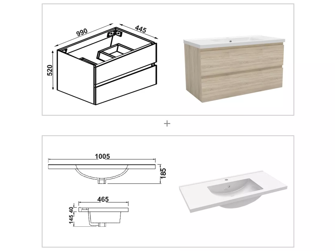 Ensemble meubles Salle de Bain 100cm vasque + colonne + miroir LED Chêne Wotan