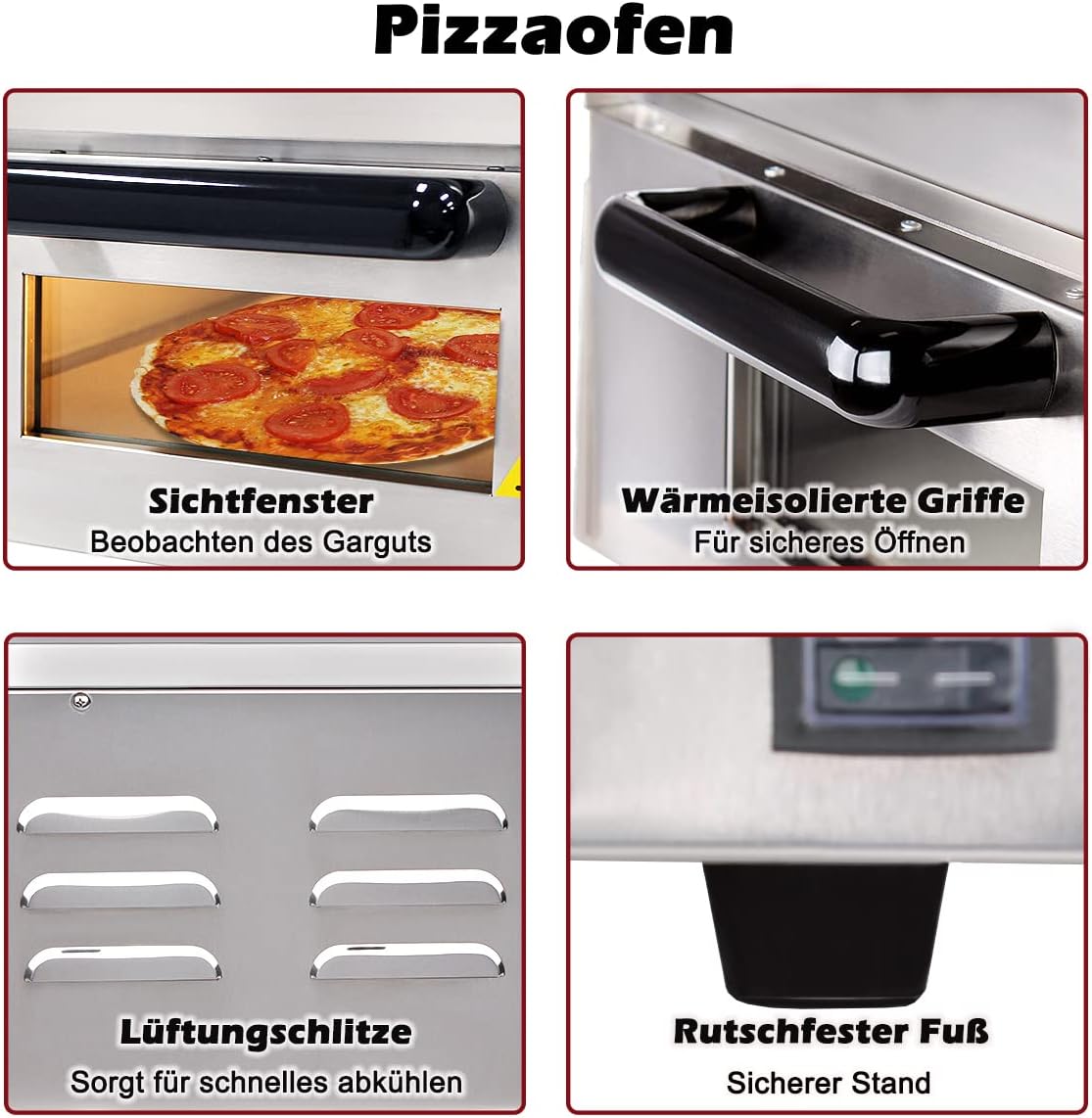 Beeketal 'BPO33-1' Profi Pizzaofen mit 400x400 mm Schamottstein Backfläche, Gastro Steinbackofen für Pizza, Brot und Backwaren, Leistung 2000 Watt, Pizzabackofen Temperatur bis zu 350°C