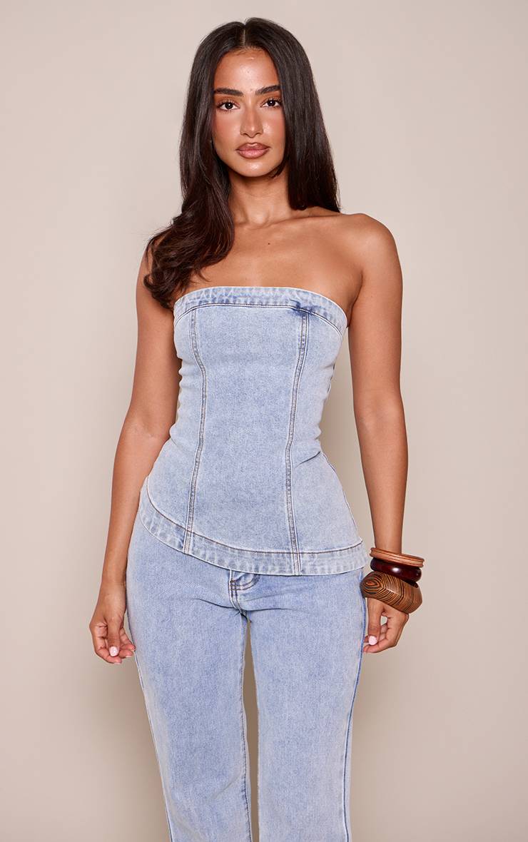 Bleu Clair Top Bandeau Ajusté Asymétrique En Denim Petite