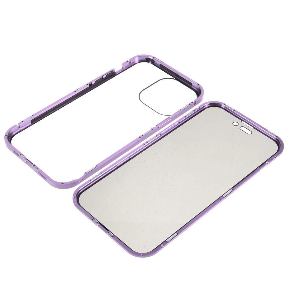 iPhone 14 Pro Max Magnetische Alu Schutzhülle mit Panzer Glas Backcover   Privacy Glas Displayschutz (Magnet-Technologie) - Violett