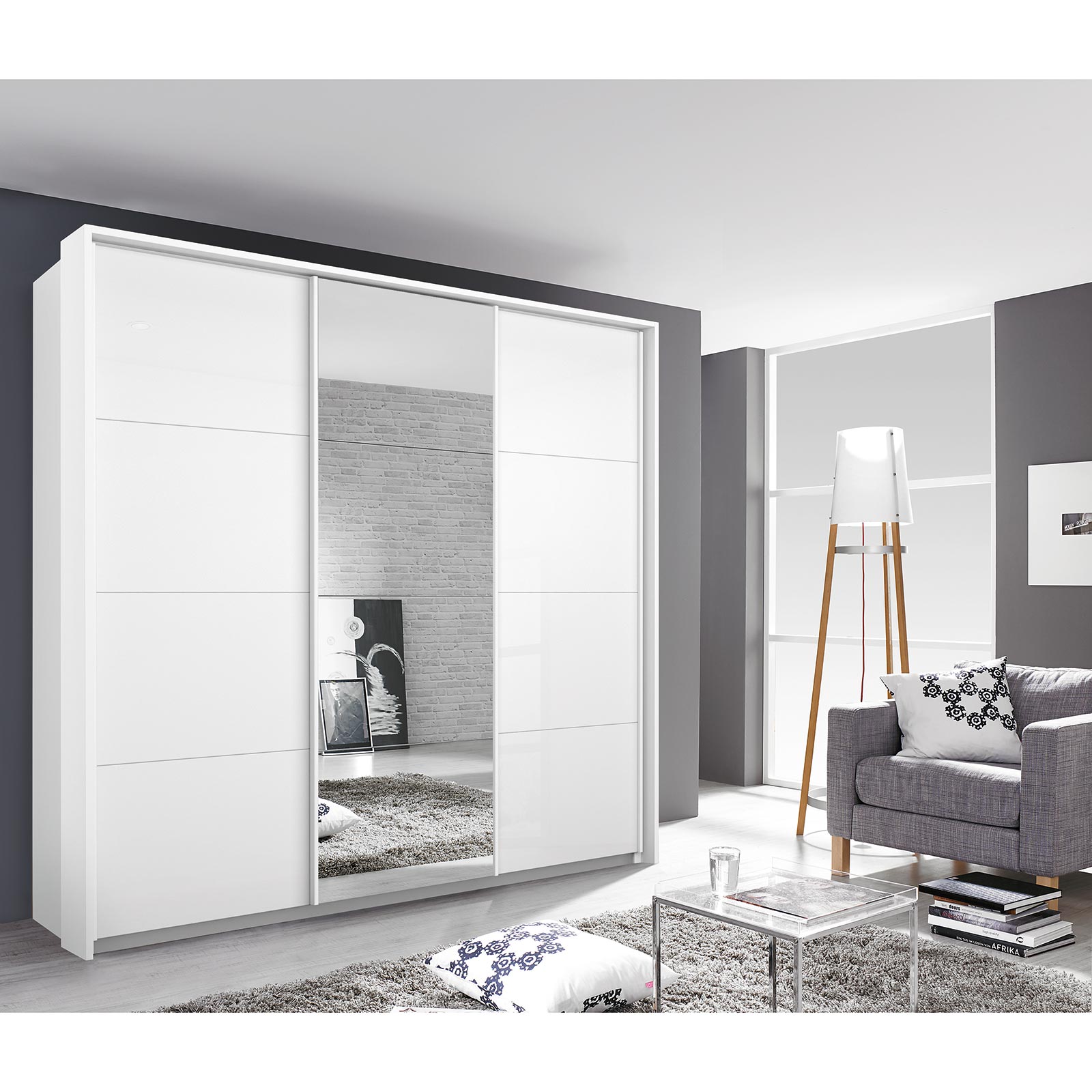 Schwebetürenschrank - weiß Hochglanz - mit Spiegel - 203x210 cm