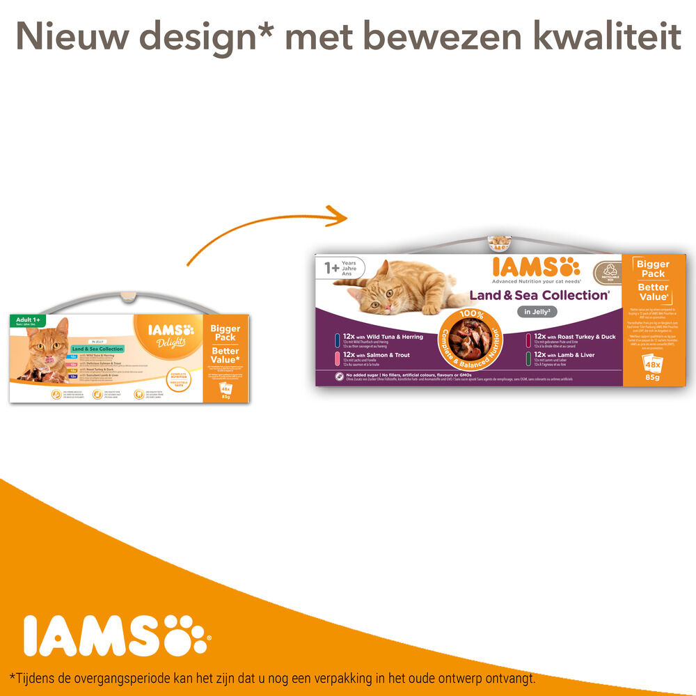 IAMS Delights Adult Land & Sea in Gelei - Kattenvoer - 48x85 gram - 4080 Gram - vis, vlees