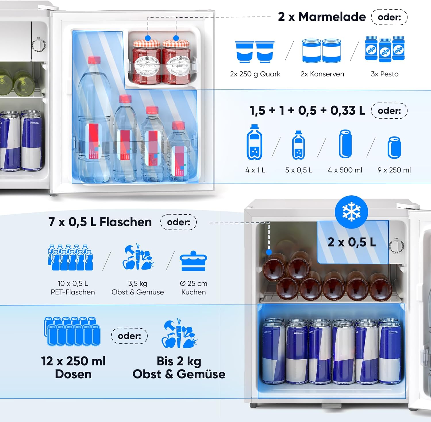 Stillstern Mini Kühlschrank E 45L mit Abtauautomatik, Schloss, Frostfach, Leise, Ideal für Küche, Büro, Schlafzimmer, Hotels und kleine Wohnungen Kühlschrank klein Minibar Getränkekühlschrank Weiß
