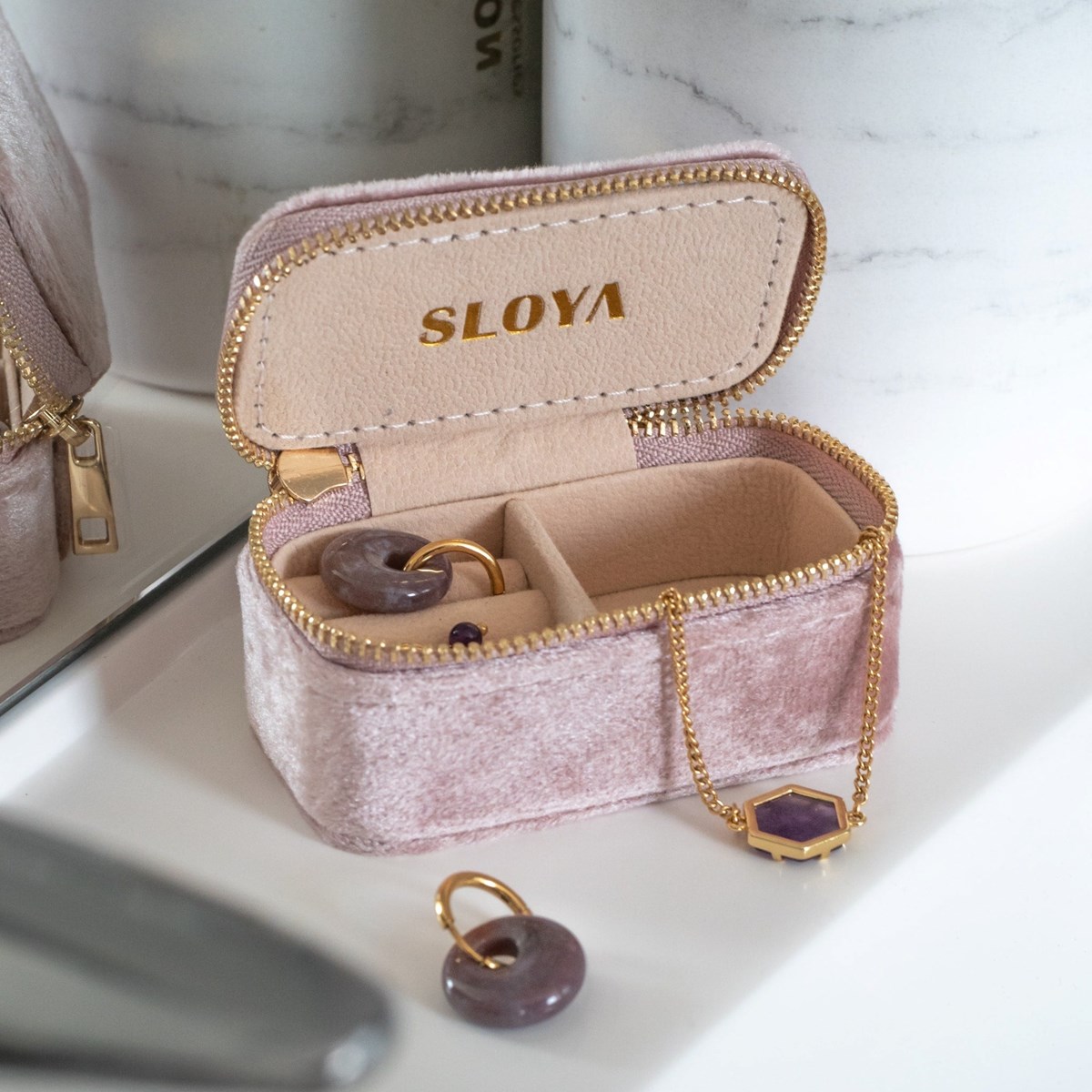 Mini boîte à bijoux velours rose pêche
