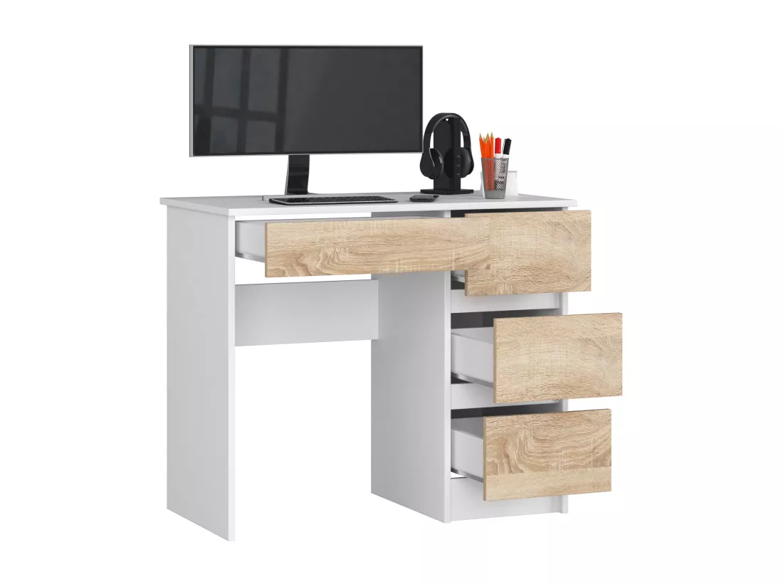 Bureau d'ordinateur AKORD droit A7 Blanc 90 cm 4 tiroirs façade Chêne Sonoma 90x50x77 cm