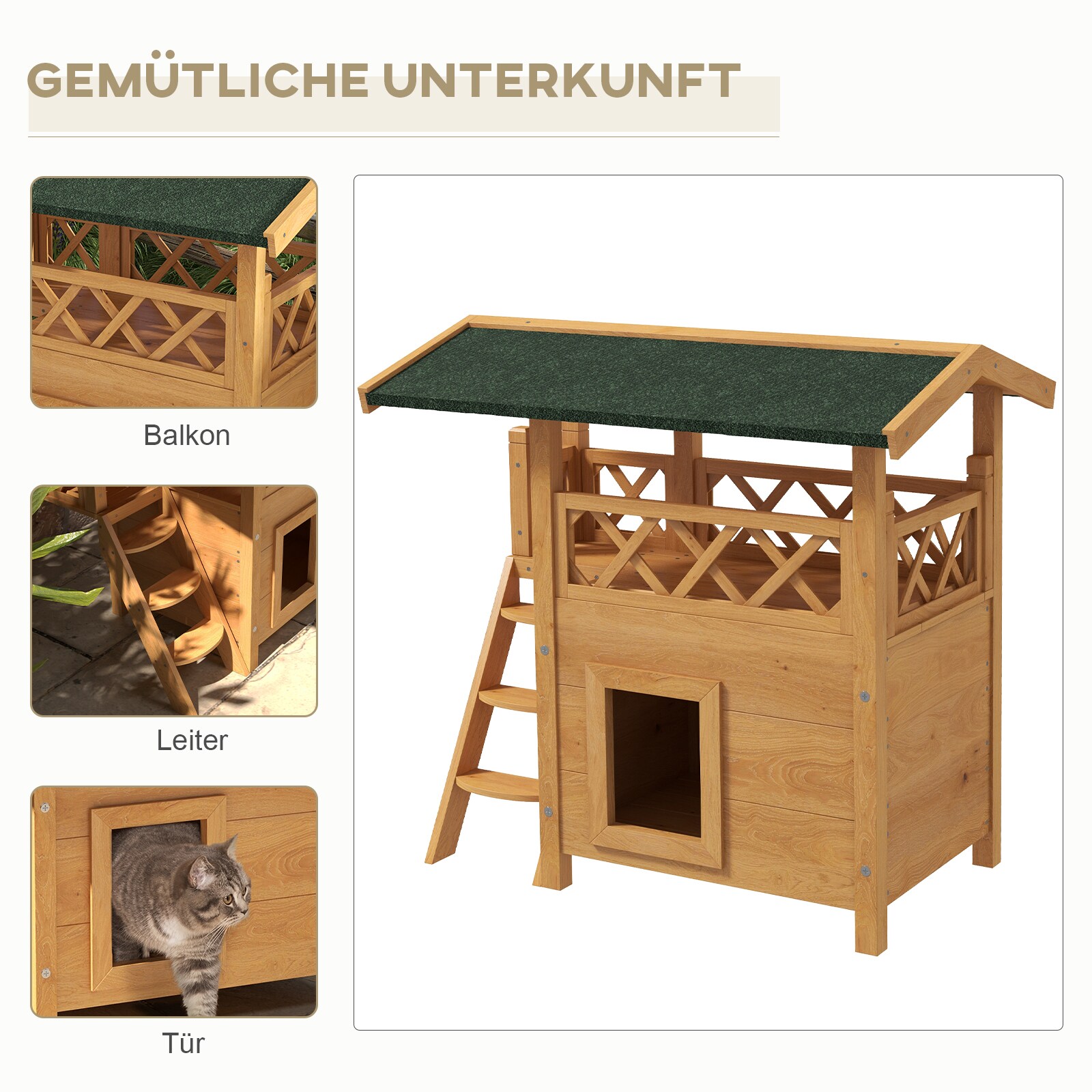 PawHut Katzenhaus mit Treppe und Dach natur 77L x 50B x 73H cm