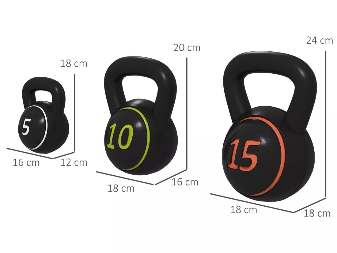Lot de 3 kettlebells 2,2/4,5/6,8 Kg - prise ergonomique - entraînement musculaire & haltérophilie - PVC noir