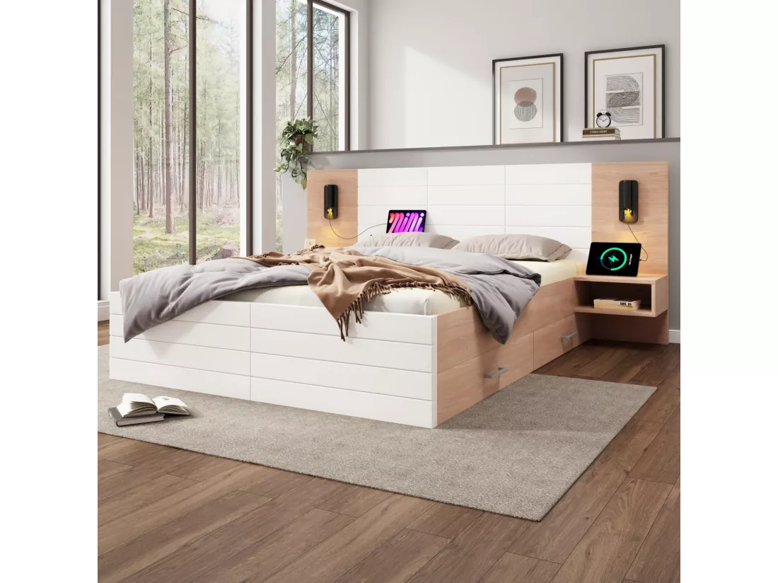 Lit avec tiroirs et chevets 180x200cm, chêne blanc, avec lampes de lecture 360° et Ports de charge USB, 255×207x80cm