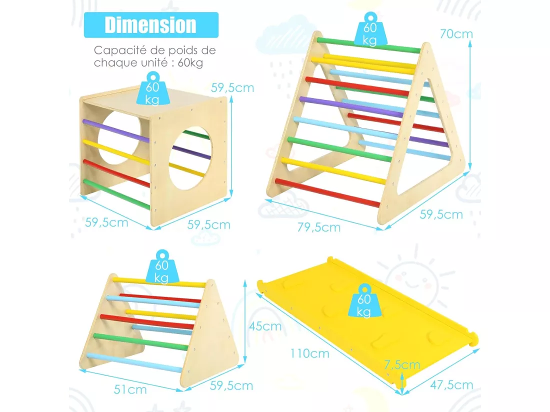 5 en 1 Aire de Jeux d’Escalade Montessori avec 2 Toboggans Réversibles, Triangle d'escalade en Bois Enfants avec Cadre Solide, Charge 60kg pour Grimper Marcher Glisser
