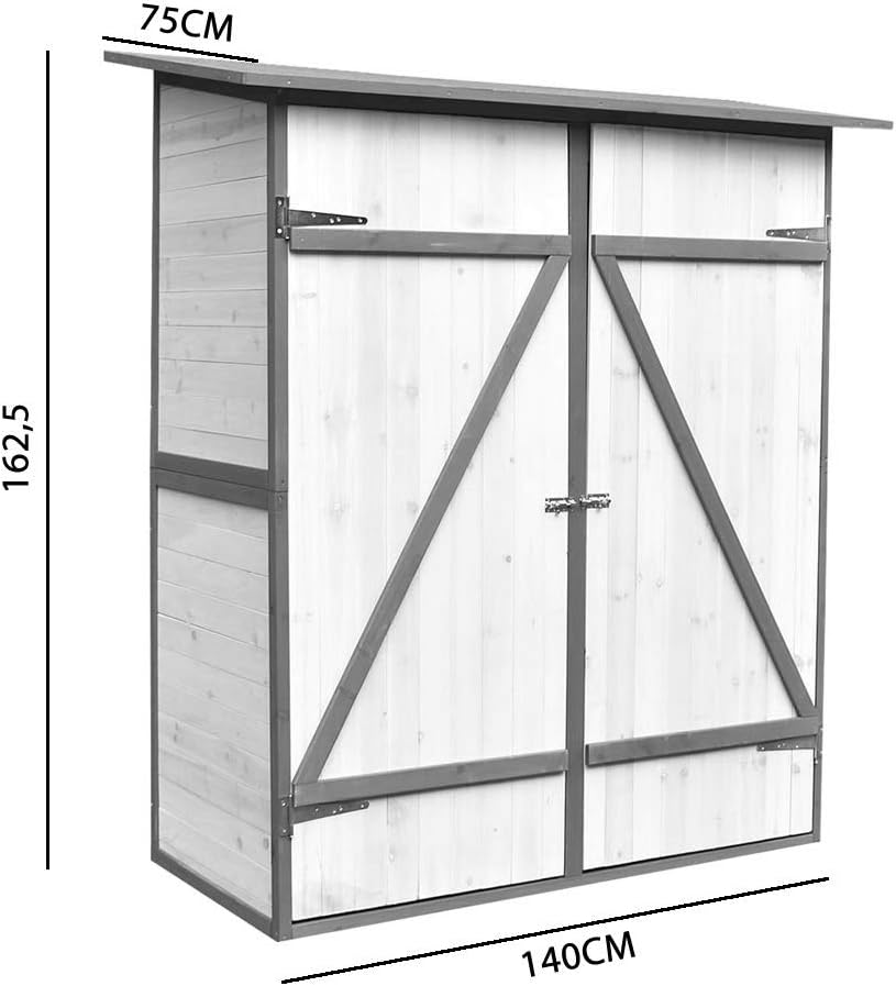 Melko Gartenschrank mit Pultdach und Doppelflügeltür Weiß/Grau Holz Gerätehaus 162 x 140 x 75 cm, inkl. Regal