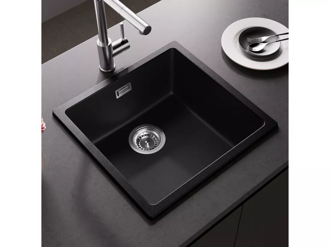 Evier 1 Bac en Quartz et Résine, 3 Options de Montage, 45*44*20cm + Mitigeur Cuisine pour Sstème D'osmose