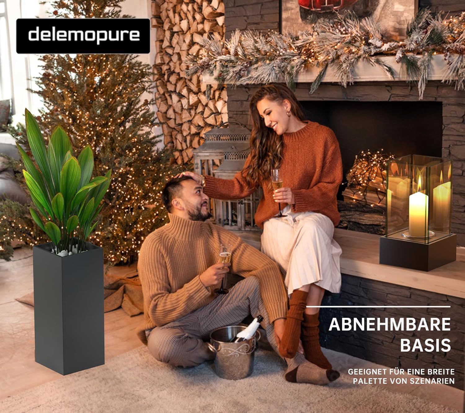 4-in-1 Windlicht Säule Hoch 89 cmTerressenfeuer fur Indoor und Outdoor,Deko Laterne mit Deko-Steine,Tischfeuer Windlicht StandKamin und pflanzkübel bodenvase groß All in One (Schwarz)