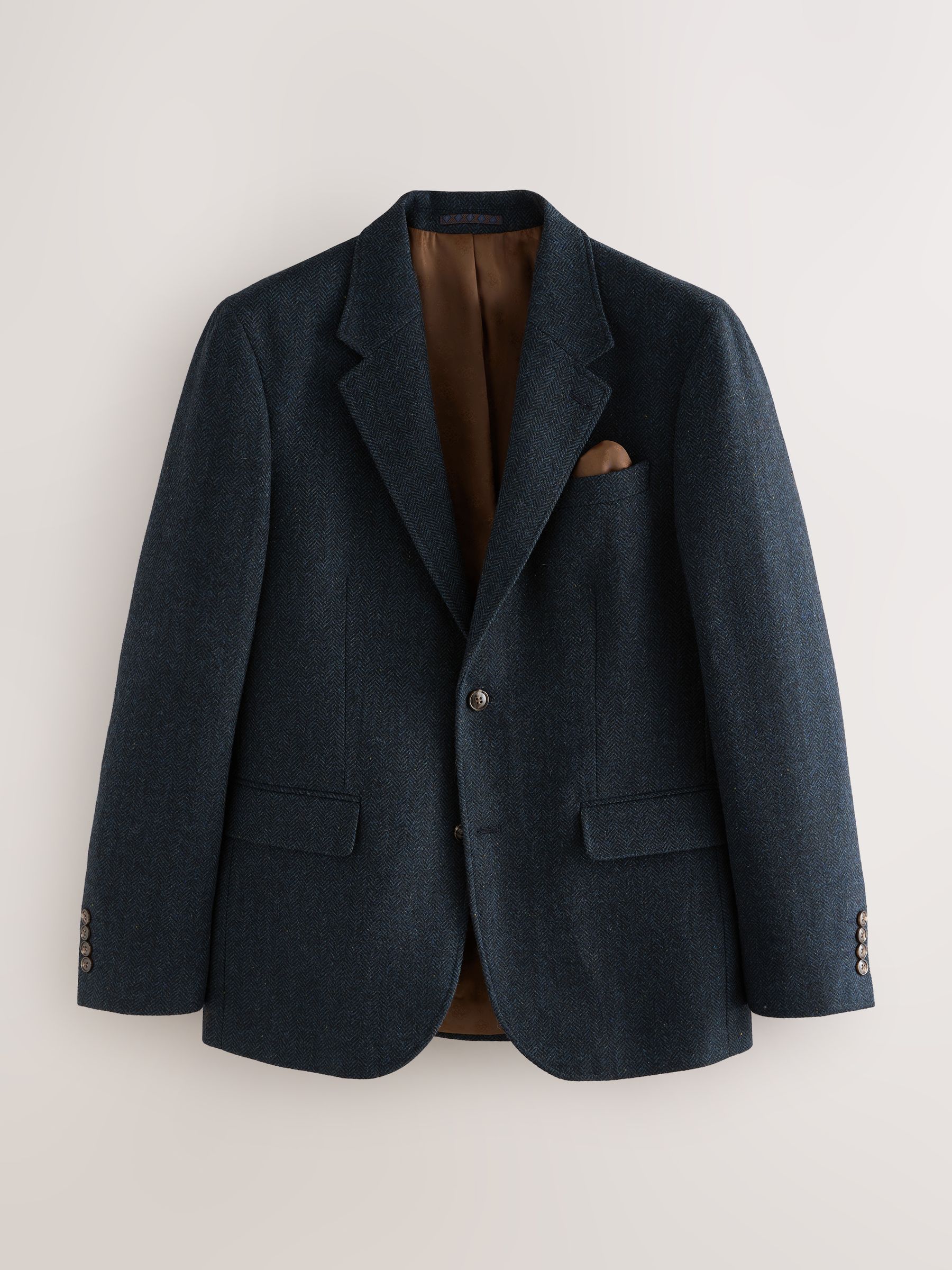 Donkerblauw - Slim Fit Herringbone Wool Blend Suit Jacket