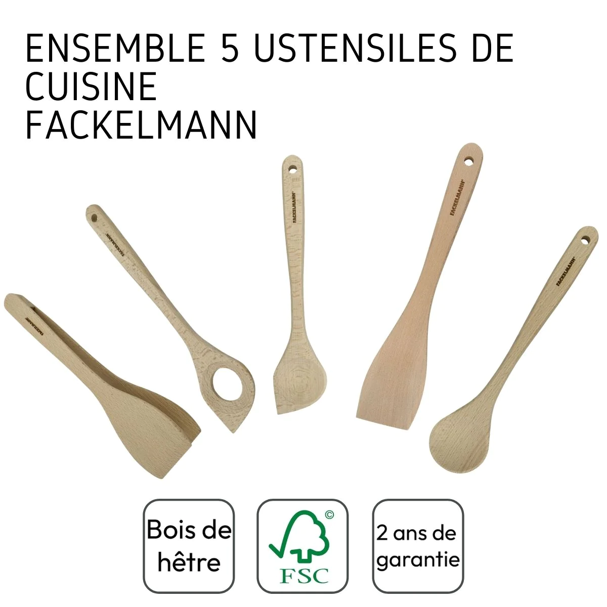 Ensemble de pince, spatule et cuillères en bois FSC Eco Friendly Facke
