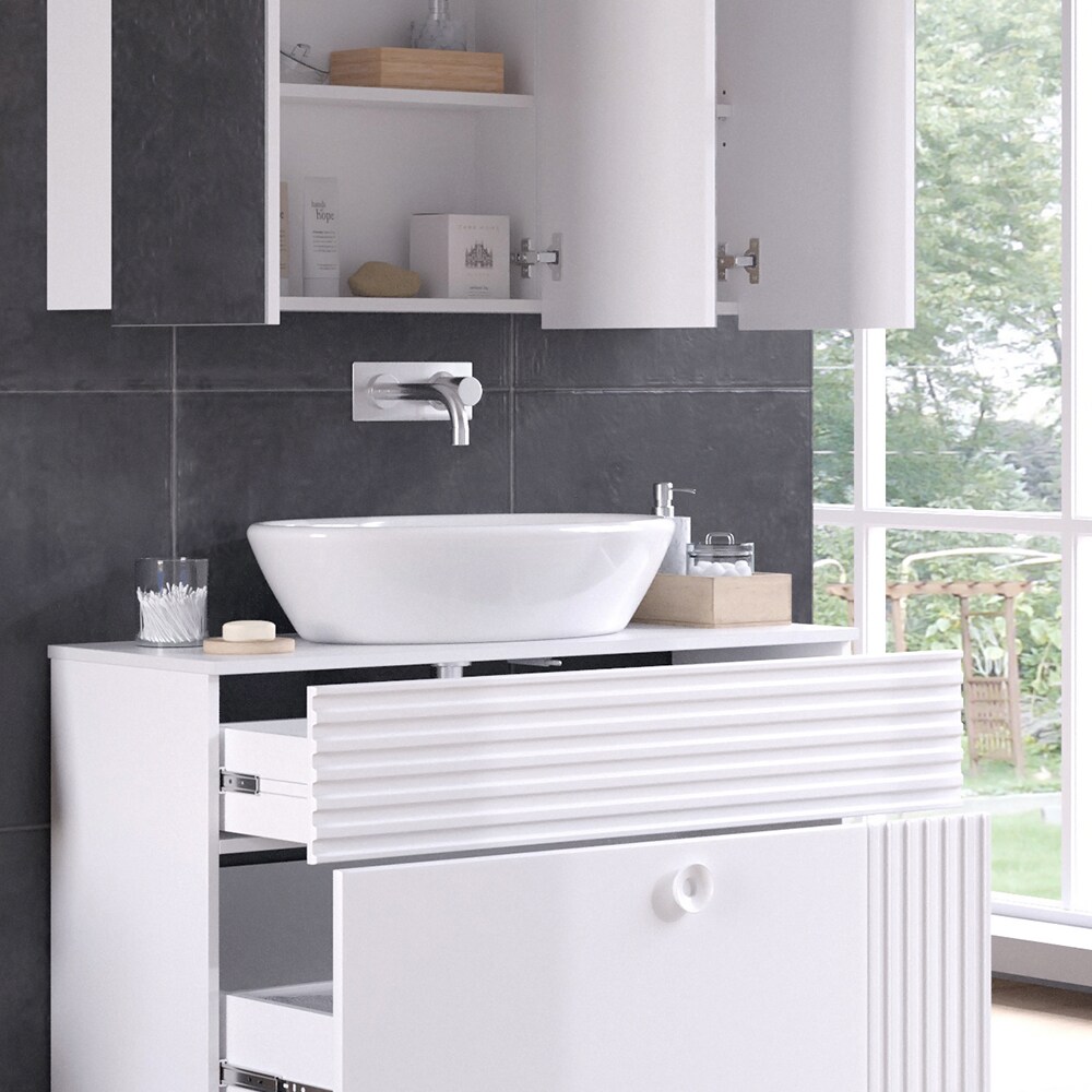 Vicco Badmöbel-Set Sola Weiß matt, moderne Serie, Badezimmer, dekorative Front Waschtischunterschrank Spiegelschrank