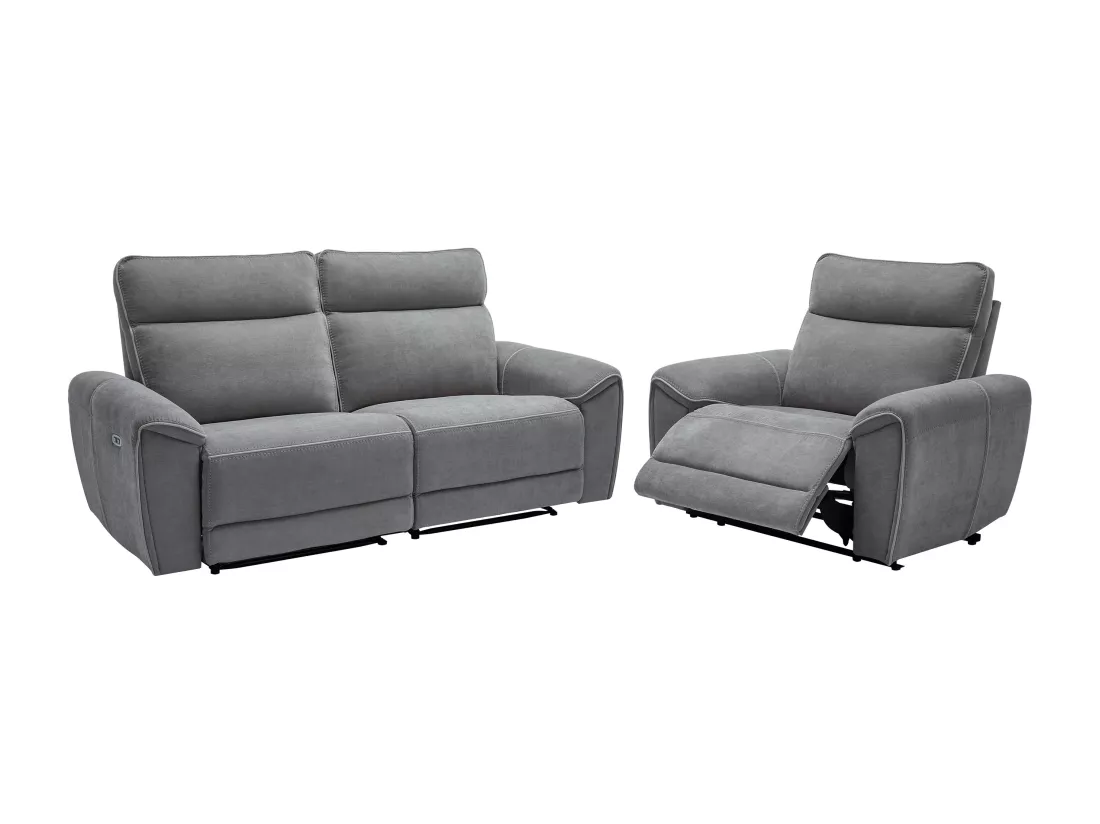 Canapé 3 places et fauteuil relax électrique en tissu gris DJARALO