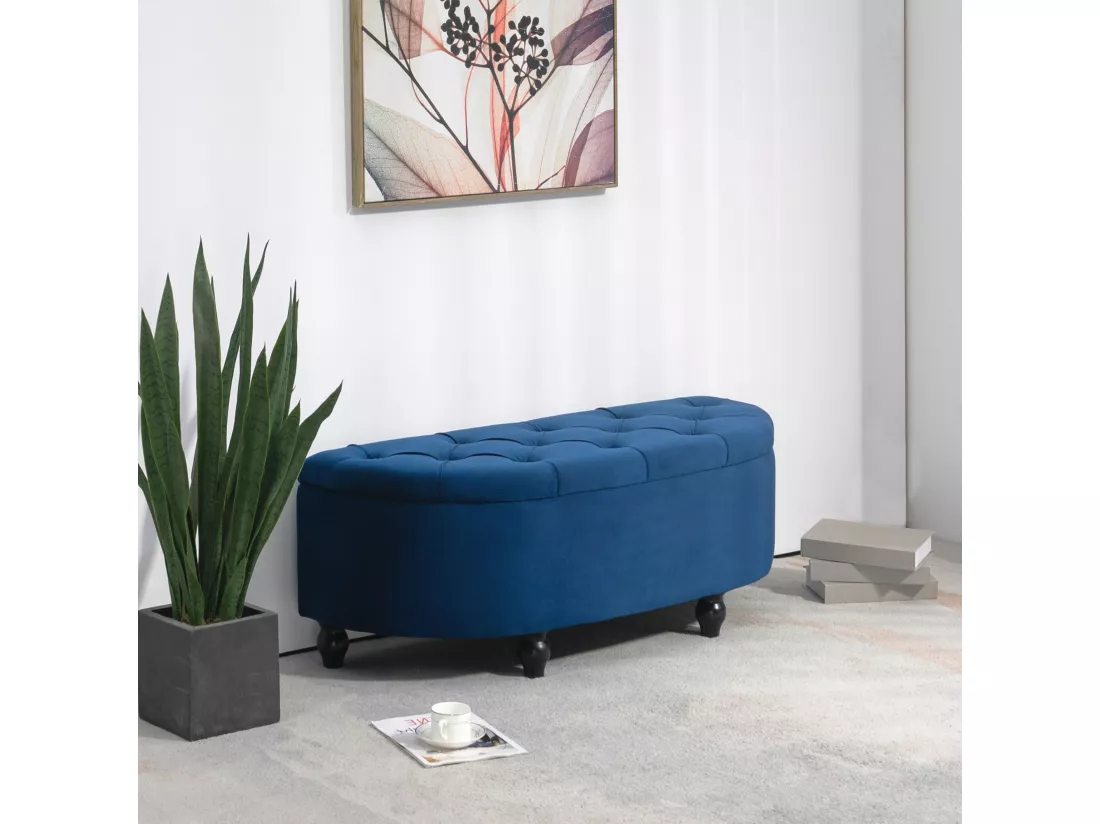 Pouf de rangement coffre 2 en 1 - pouf design classique chic capitonné demi-cercle - pieds bois hévéa noir revêtement velours bleu roi