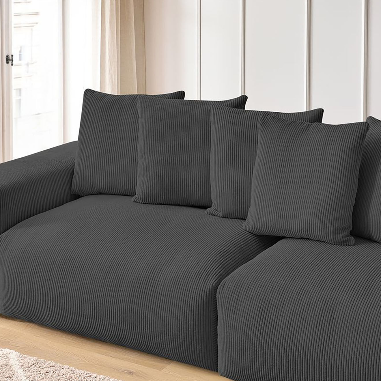 Bobochic Canapé 4 places moelleux voltaire velours côtelé gris foncé - 320x124x75 cm