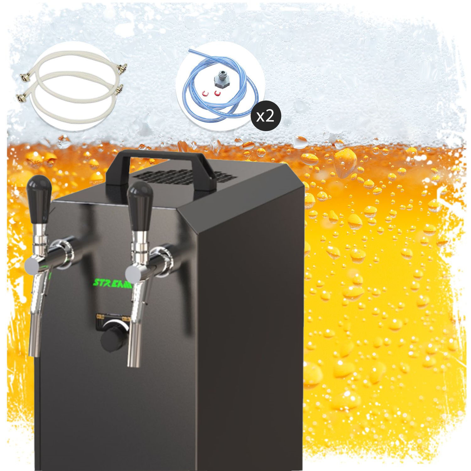 Komplett Set - Zapfanlage, Bierzapfanlage STREAM 50K mit Luftpumpe Bierkoffer, Durchlaufkühler 2-leitig Trockenkühler, bis zu 55 Liter/h - BLACK EDITION, Zapfkopf:Köpi,Zapfkopf 2:Korb