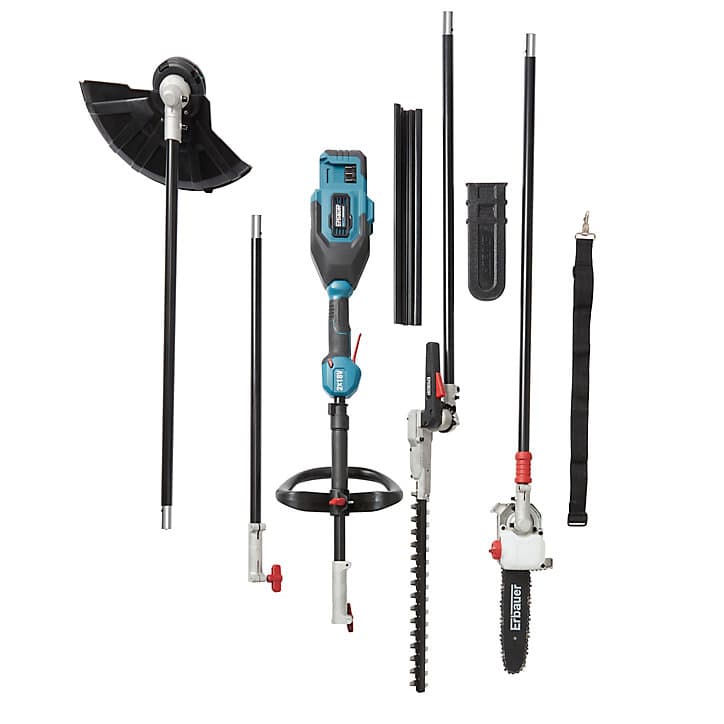 Outil de jardin multifonctions sans fil sur batterie Erbauer 2 x 18V, taille-haie, coupe-bordures, élagueuse (sans batterie)