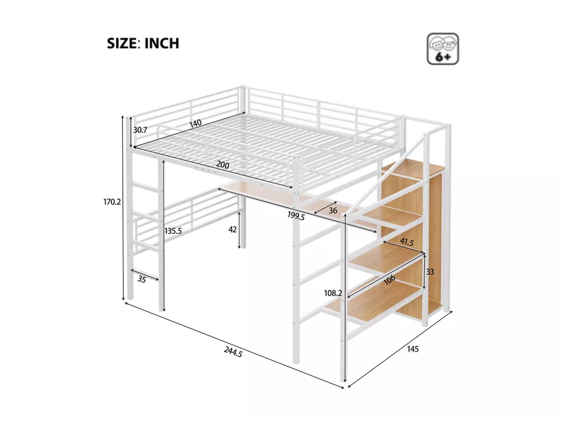 Lit mezzanine 140×200 cm bureau armoire ouverte escalier à marches pour le rangement cadre en fer Blanc