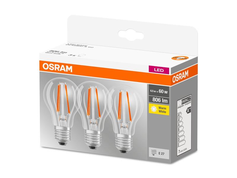 OSRAM Lampe Base Filament 7W, E27 Warmweiss, 3er Box Filamentleuchtmittel