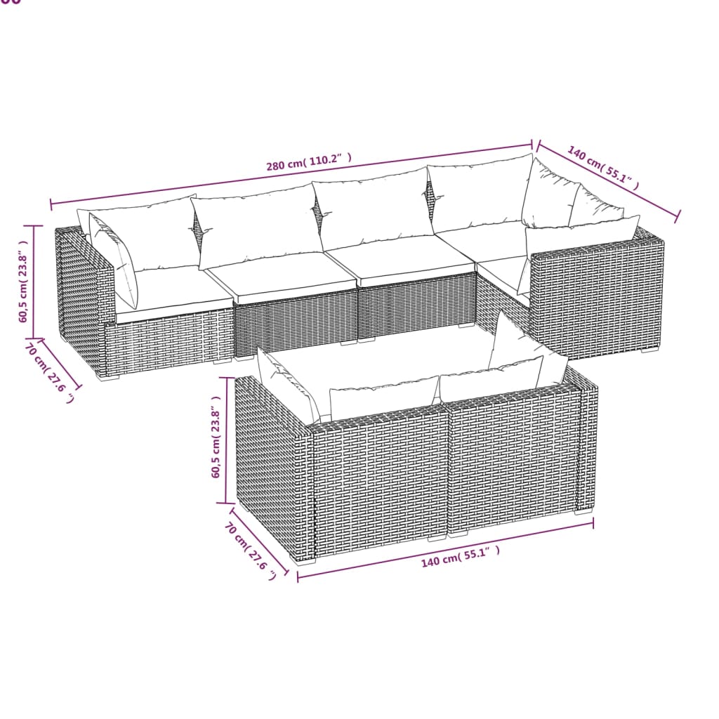 Salon de jardin meuble d'extérieur ensemble de mobilier 7 pièces avec coussins noir résine tressée
