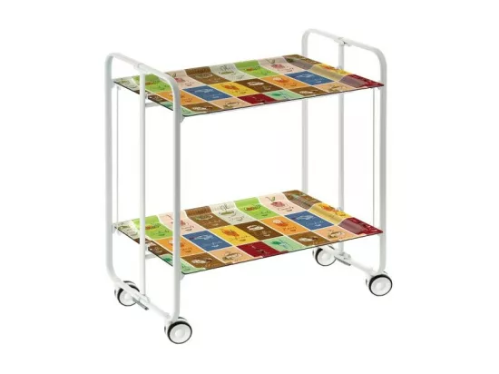 Chariot pliant à roulettes, table pliante roulante, desserte - Structure métallique blanche, 2 niveaux en stratifié motif vintage 1 - 72*66*43 cm - BAUHAUS