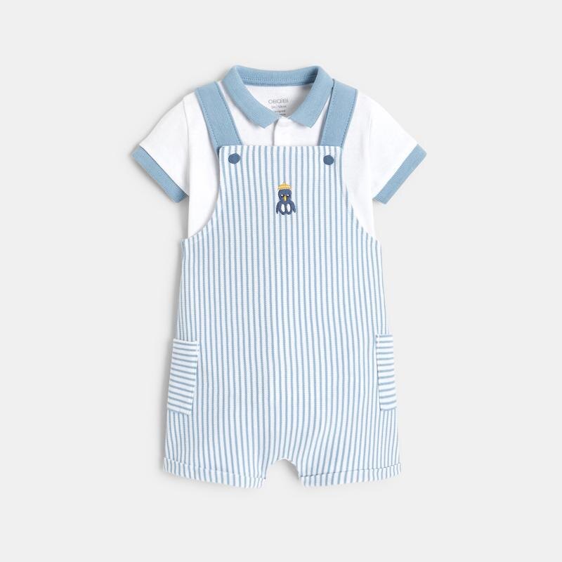 Salopette courte rayée et body col polo bleue naissance Bleu