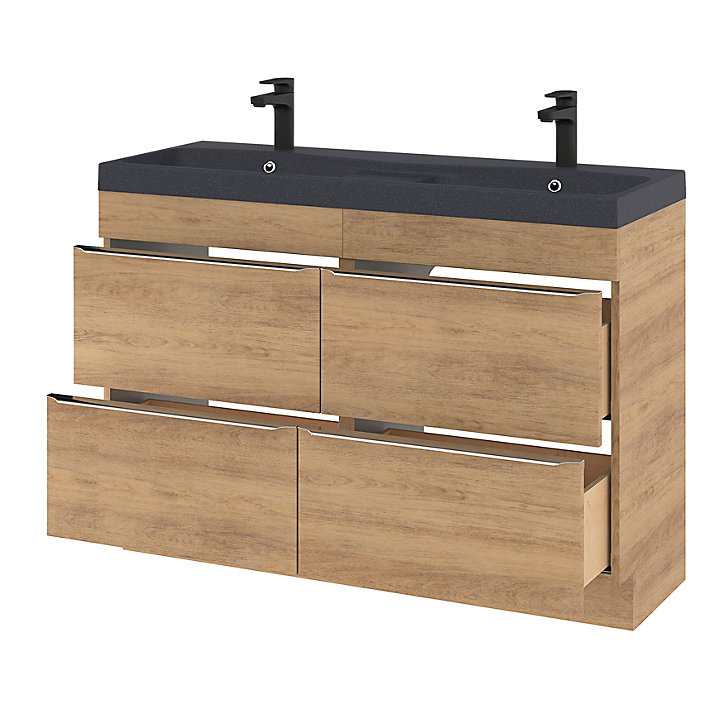 Ensemble salle de bains l.120 cm meuble à poser Imandra décor chêne clair + plan vasque résine noir