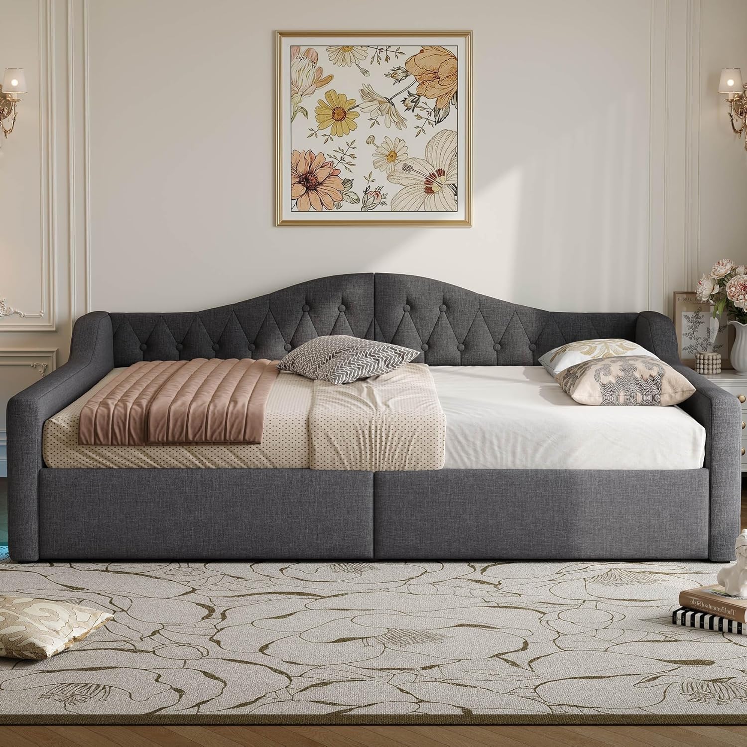 Polsterbett Schlafsofa 140x200 cm, Tagesbett Sofabett mit LED-Gürtel, Stauraumbett mit Hydraulischer Stauraum, Lattenrost aus Holz, MDF+Sperrholz+Leinen, Ohne Matratze, Grau