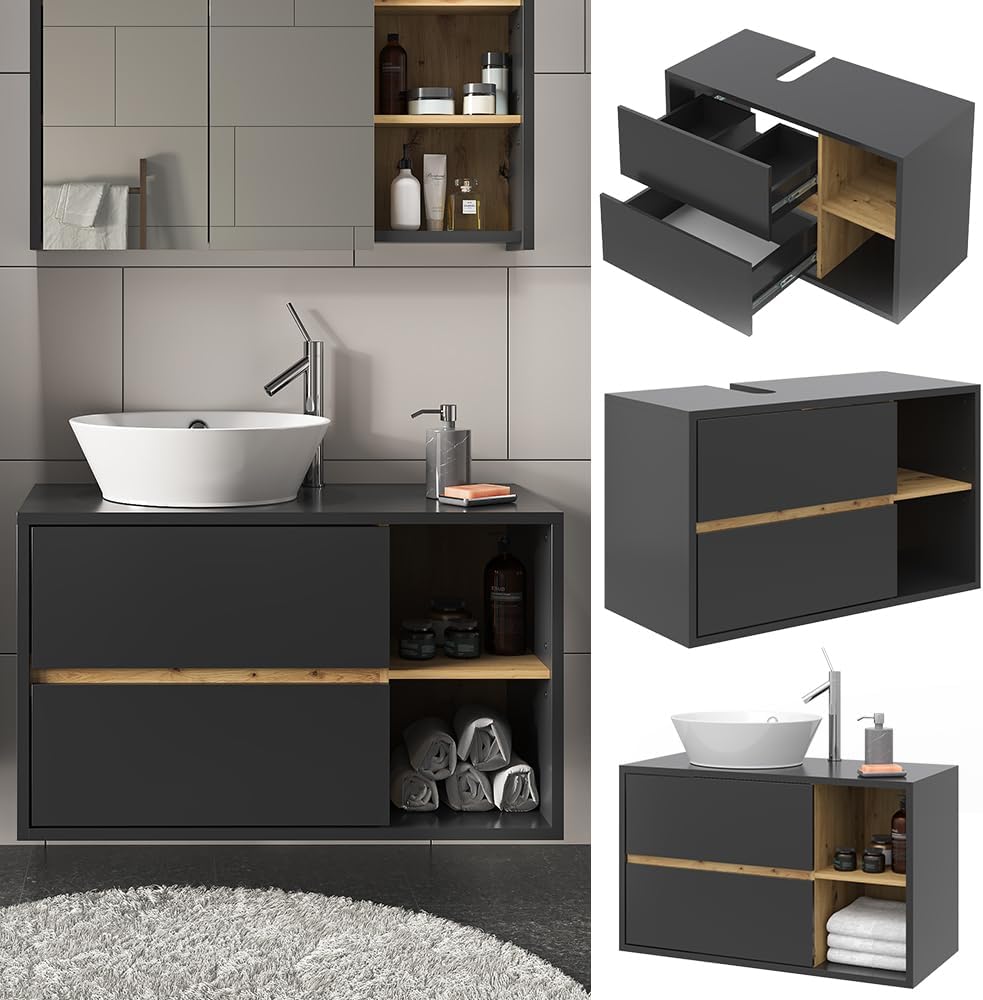 Vicco Waschbeckenunterschrank Anthrazit Viola 100x60x46 cm - Unterschrank für das Badezimmer, Leichte Reinigung des Bodens Dank wandhängender Montage
