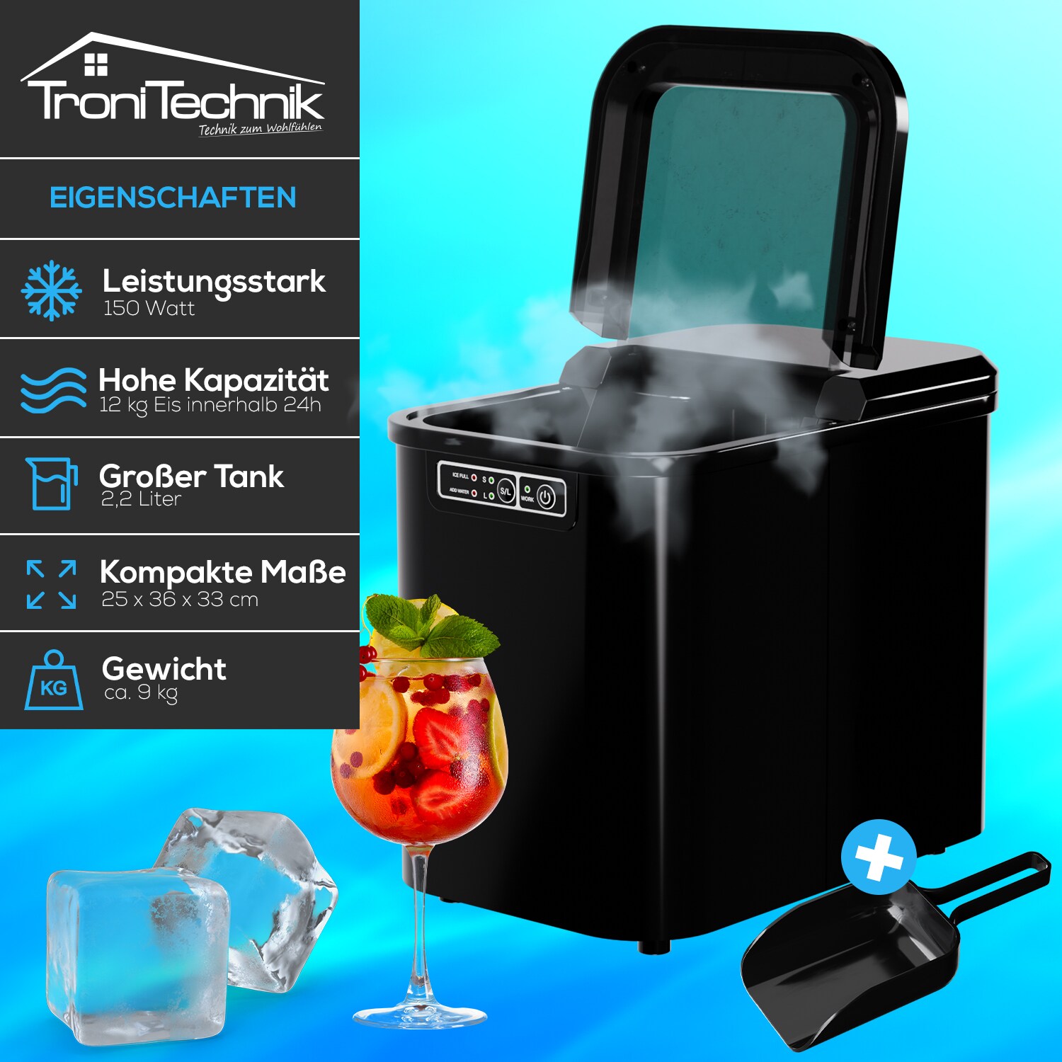 TroniTechnik® Eiswürfelmaschine Eiswürfelbereiter, Ice Maker, 12kg/24h, 2,2 Liter Wassertank, 2 Größen, Selbstreinigung, schwarz