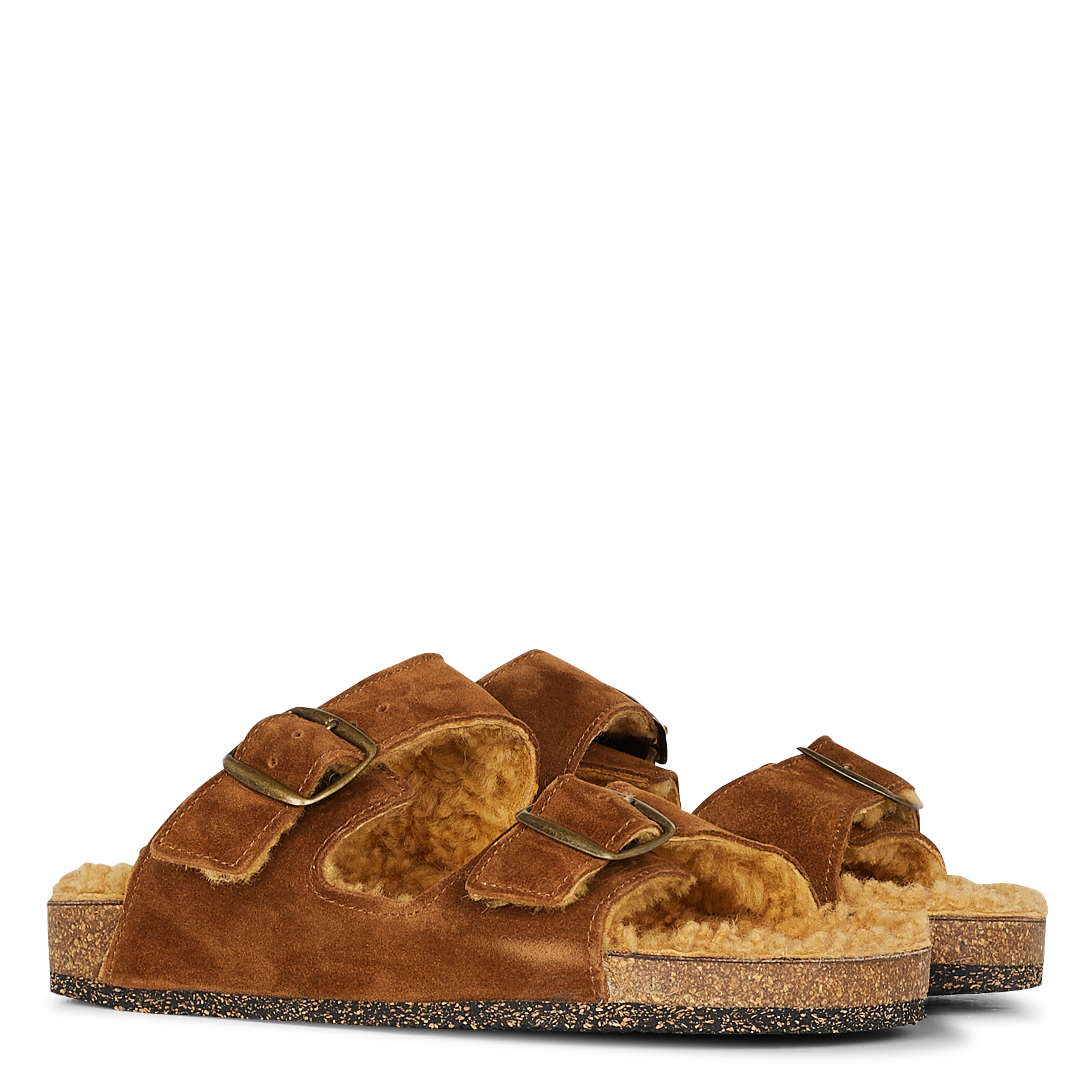 Sandales fourrées en cuir velours | Marron