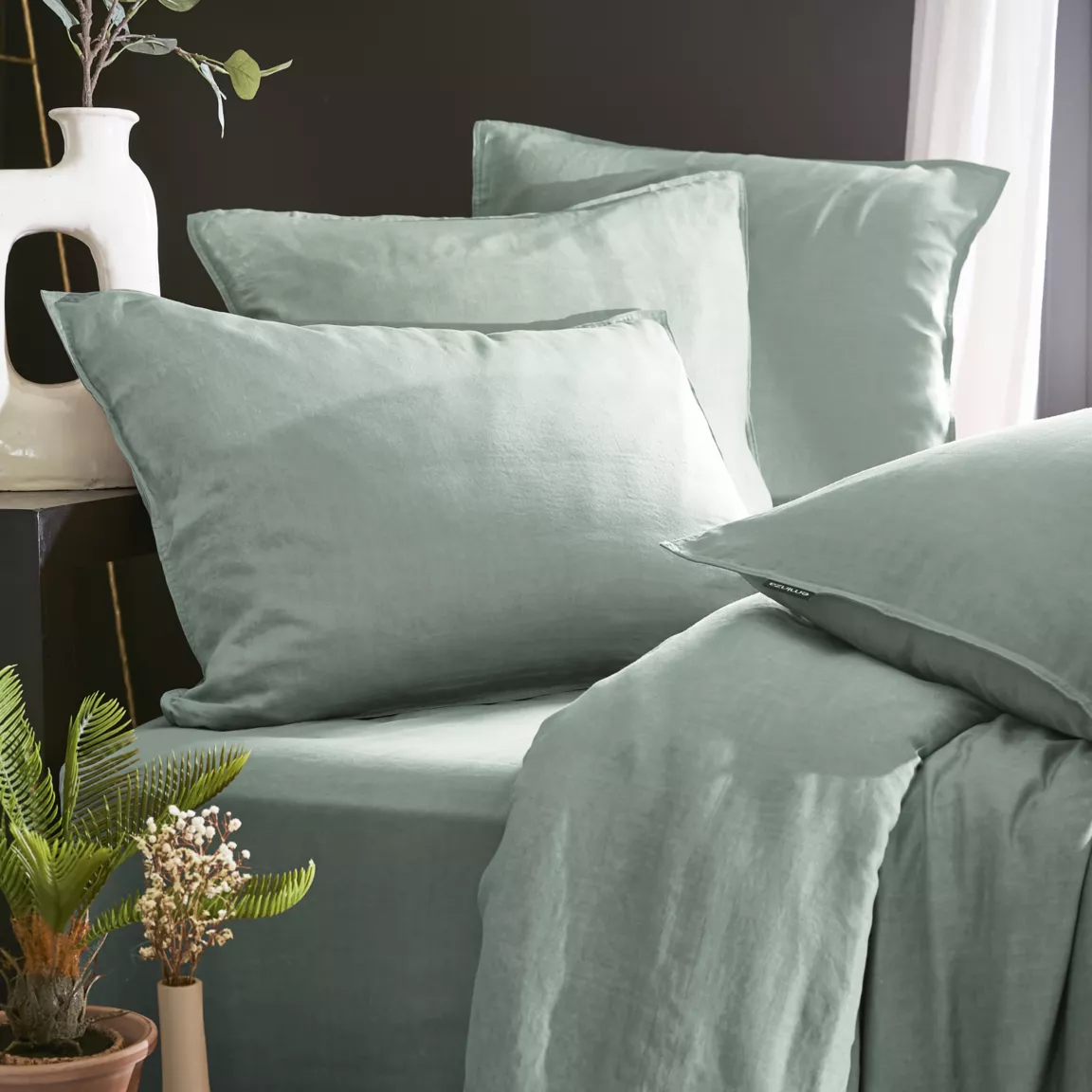 Housse de couette lyocell Tencel™ lavé (240 x 220 cm) Olivia Vert eucalyptus