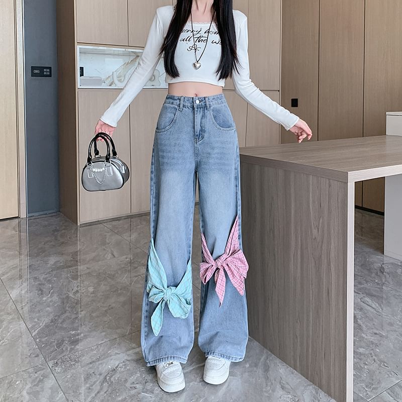 OGAWA - High Waist Ribbon Accent Washed Wide Leg Jeans
