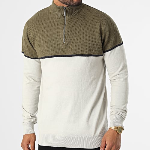 Sweat Col Zippé Samir Vert Kaki Beige