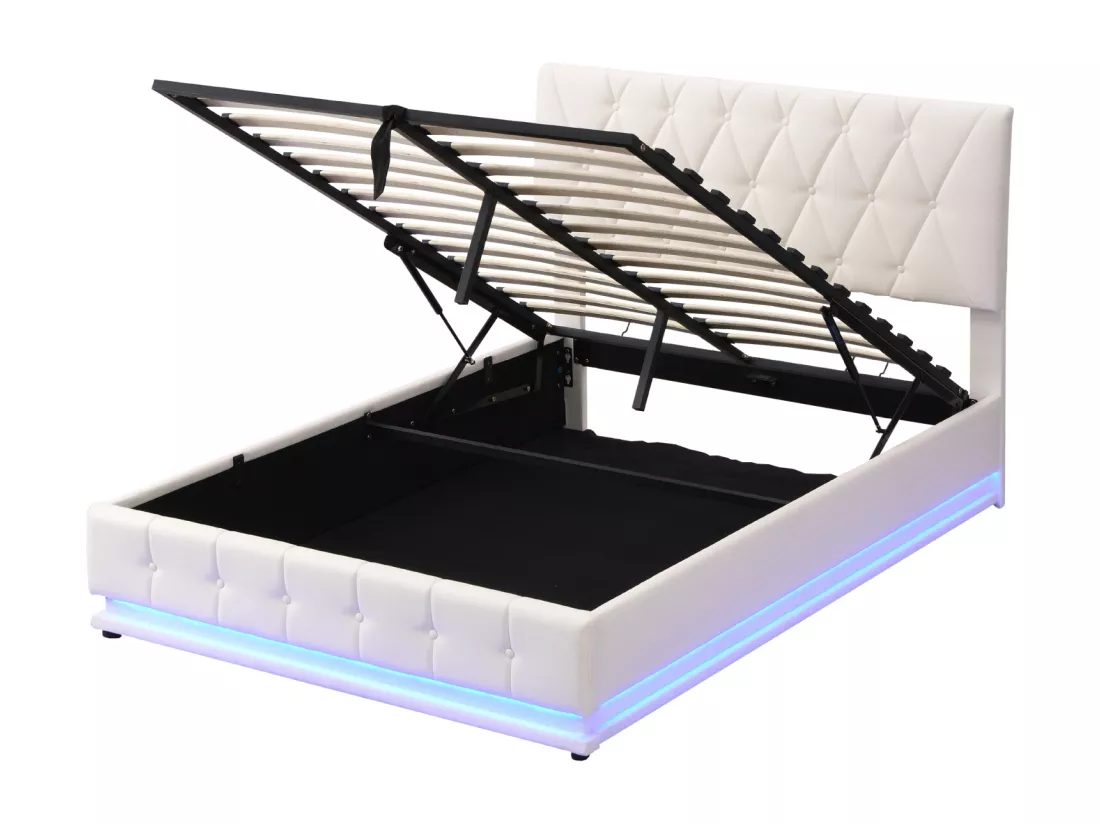 Lit coffre 140x200 cm avec tête de lit diamant, éclairage LED et coffre de lit, relevage hydraulique, sommier à lattes, lit adulte style contemporain, simili cuir - Blanc