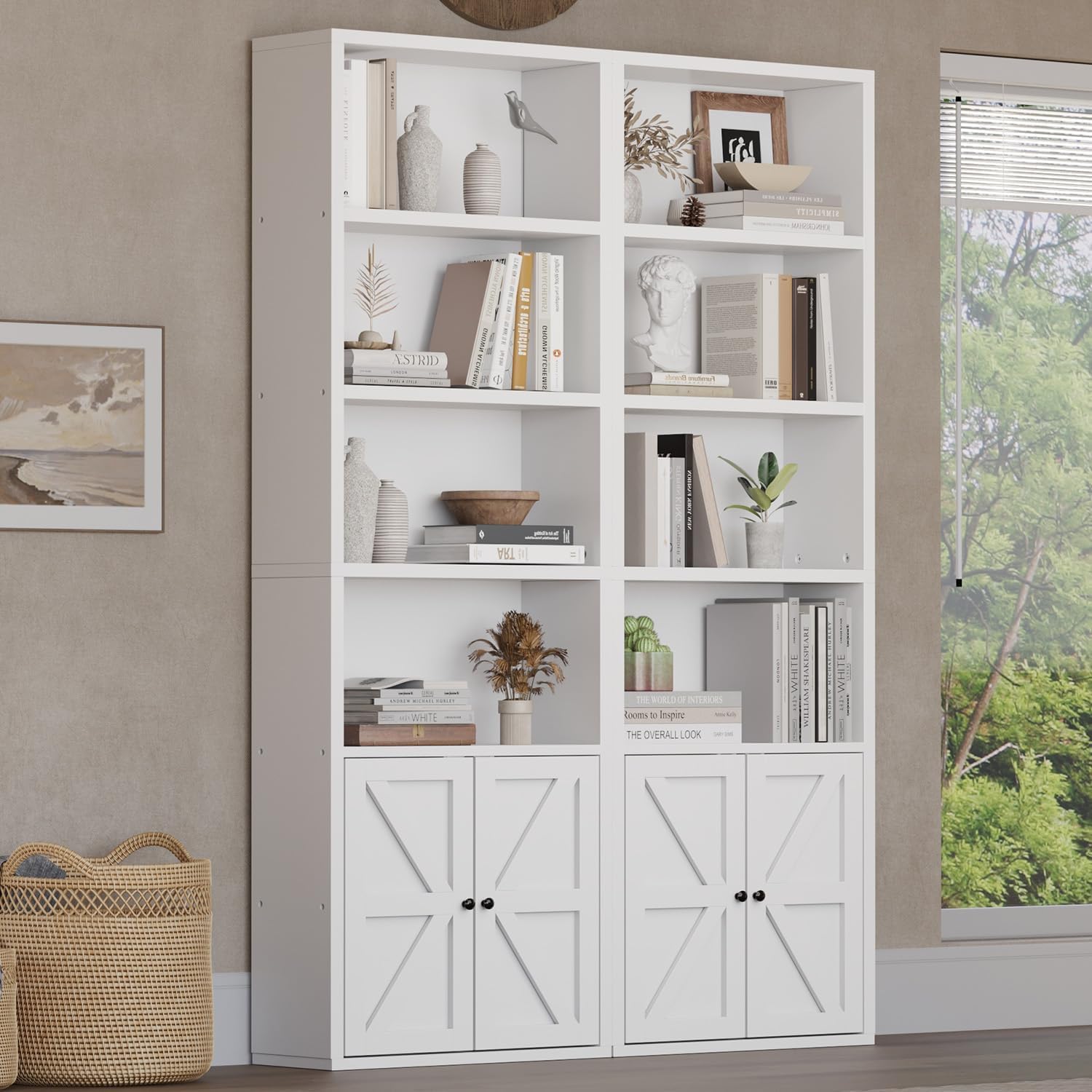 oneinmil Bücherregal, Bücherregal Weiß mit 2 Türen aus Holz, Bücherschrank Hoch mit 6 Ebenen, Küchenschrank, Standregal, für Wohnzimmer, Schlafzimmer, Büro, Arbeitszimmer, 2 Pack