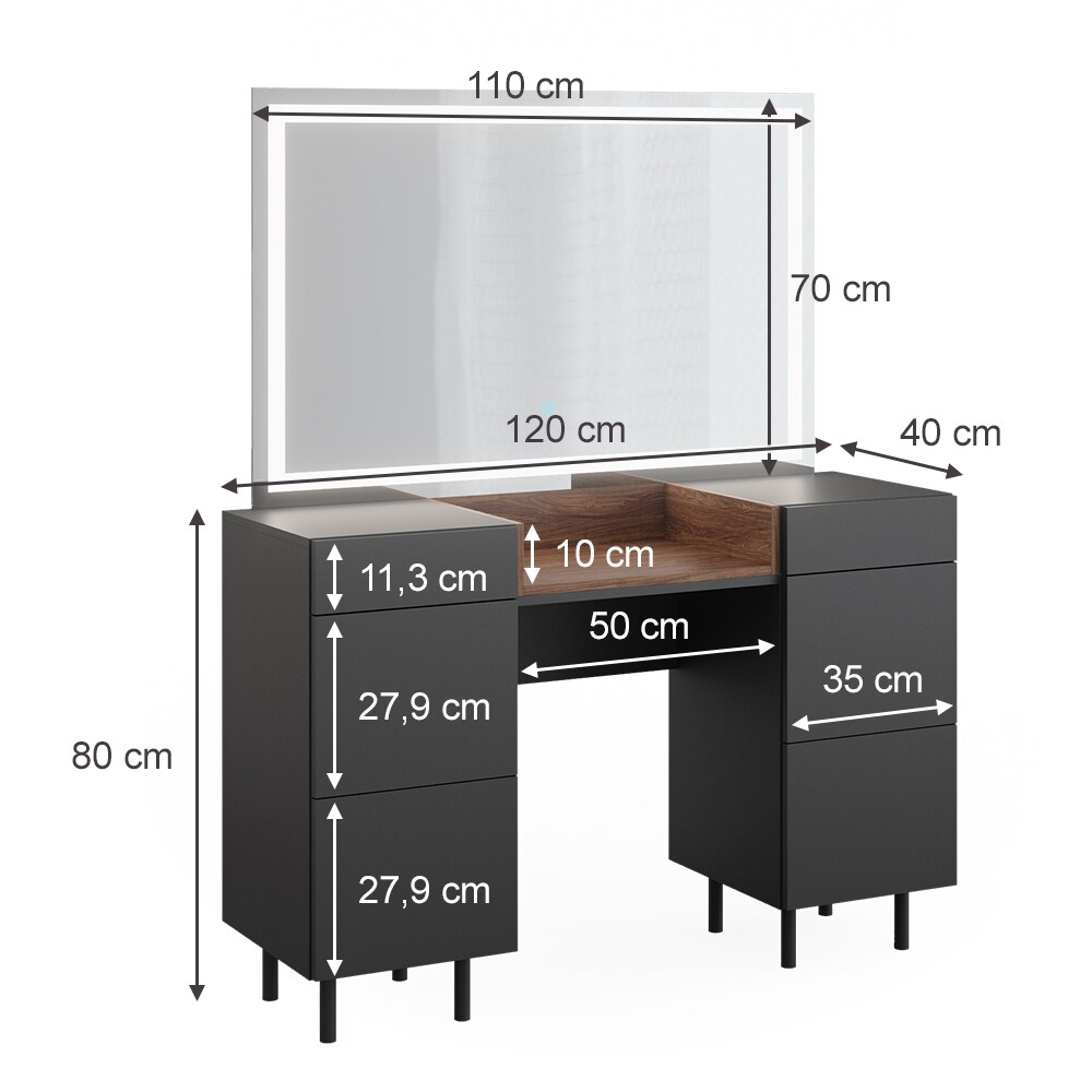 Vicco Schminktisch Anika 120 x 80 cm mit LED-Spiegel, Anthrazit-Walnussbraun, Schlafzimmer