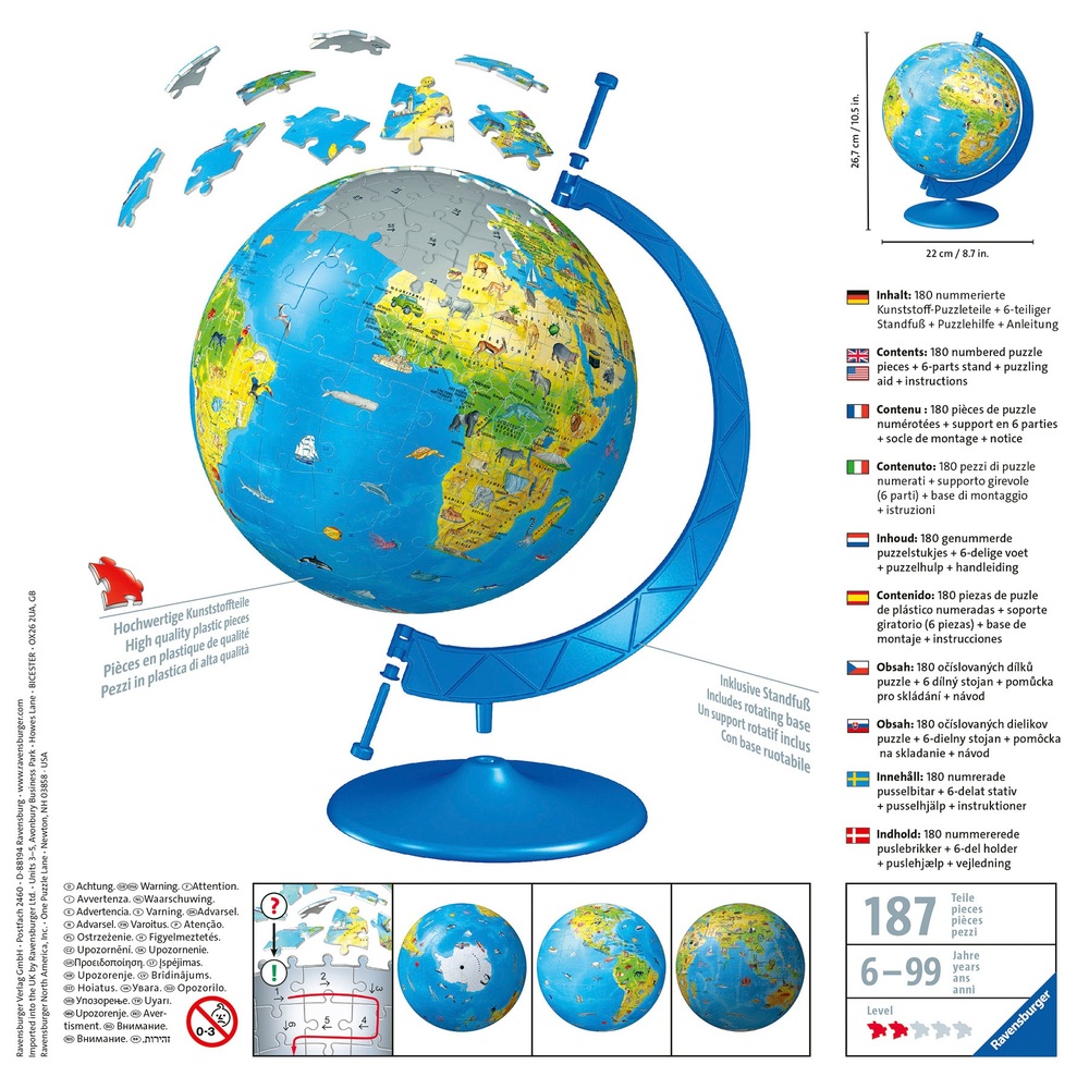 Ravensburger Kinderweltglobus, 180-teiliges 3D-Puzzle