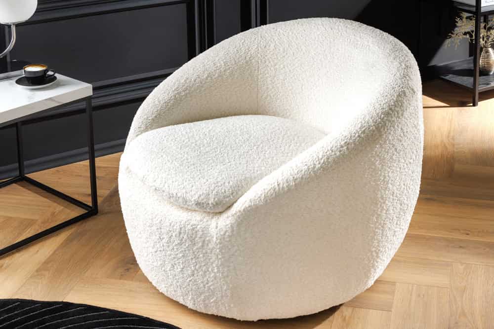 Drehbarer Design Sessel ALPINE weiß Bouclé 360° mit Armlehnen