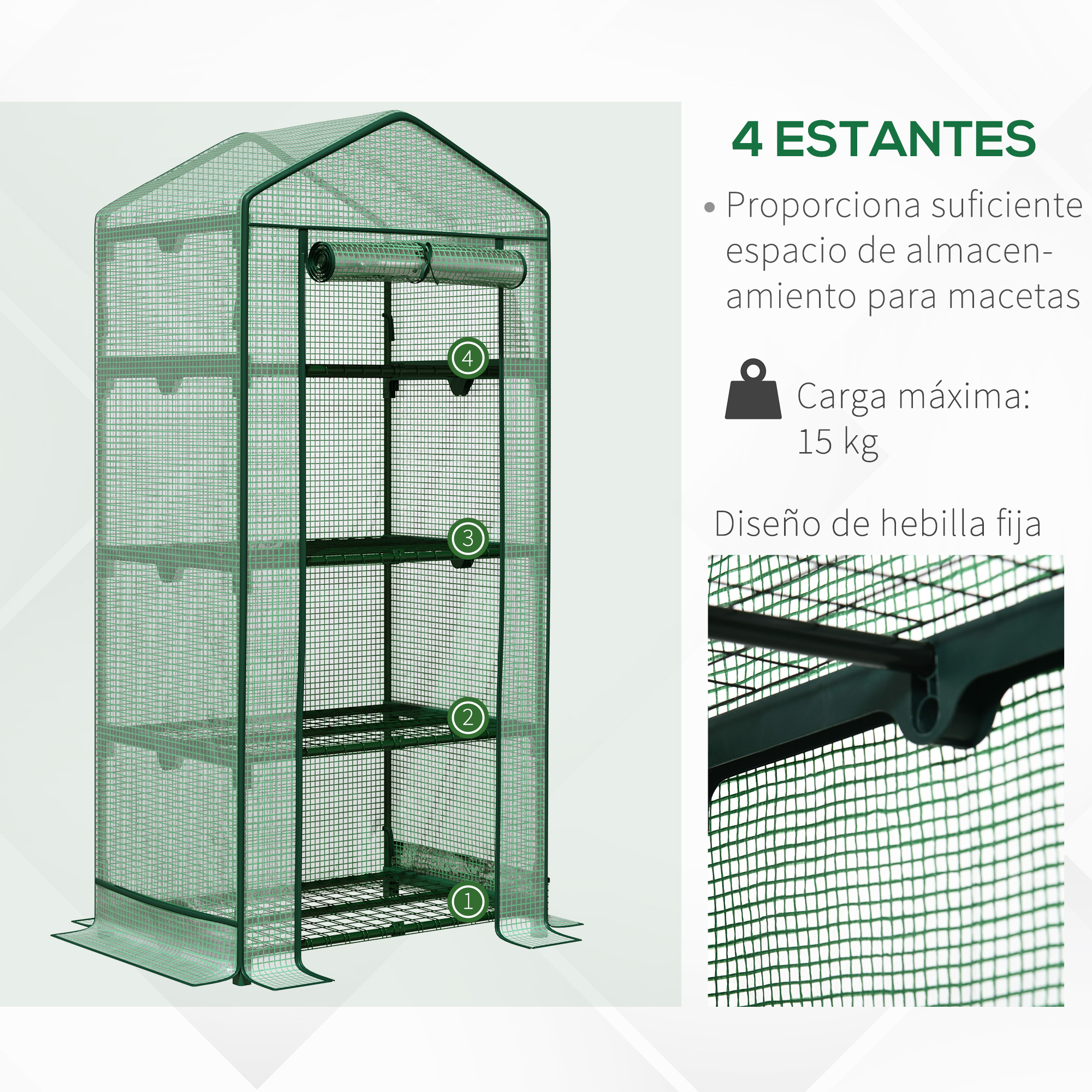 Estufa de jardim Outsunny com 4 prateleiras de arame e porta de enrolar, ideal para plantas em vasos, flores e jardins externos, 69x49x158 cm, verde.