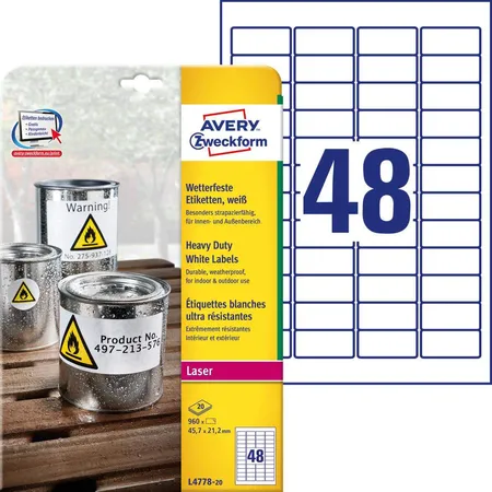 Avery Zweckform L4778-20 Wetterfeste Folien-Etiketten, 45,7 x 21,2 mm, 20 Bogen/960 Etiketten, weiß