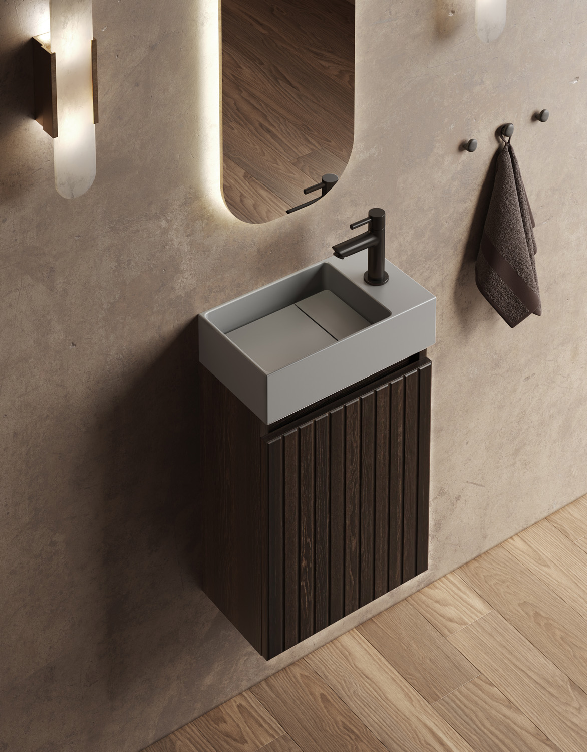 Fontana Itsie toiletmeubel kasteel bruin ribbelfront 40cm met fontein in mat grijs